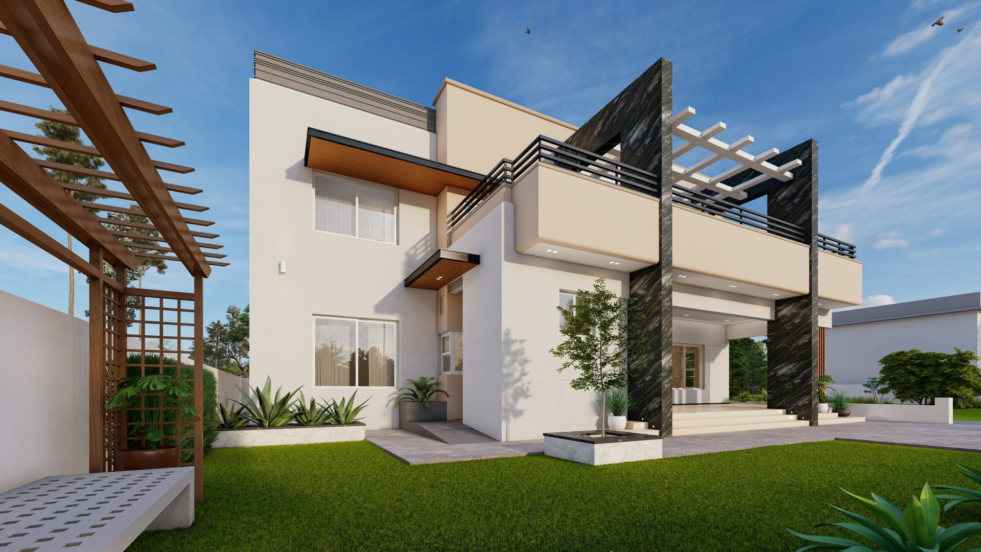 Eine 3D-Visualisierung eines modernen Hauses mit Pergolendach