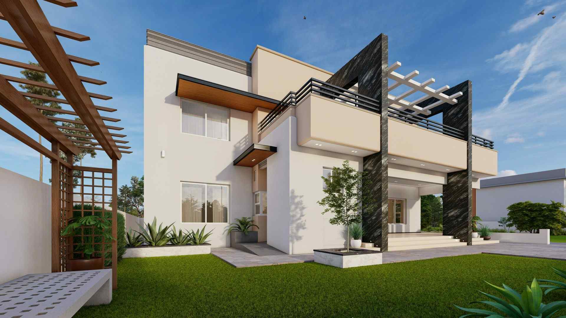 Eine 3D-Visualisierung eines modernen Hauses mit Pergolendach